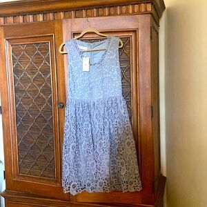 A gray lace overlay fit and flare style dress with a full skirt and scoop neck.